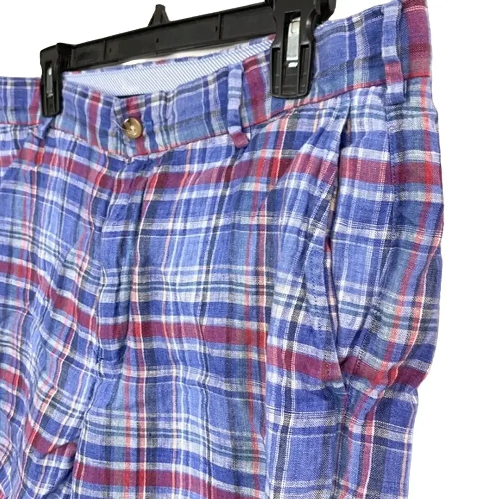 PETER MILLAR Blue Pink Linen Men's Flat Front Shorts Golf Casual Plaid sz 34